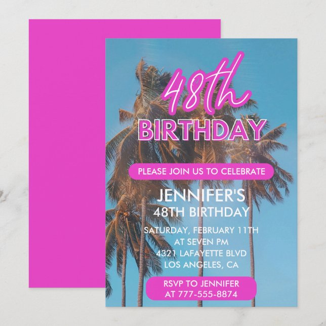 convite de 48º aniversário árvore de palmeira rosa (Frente/Verso)