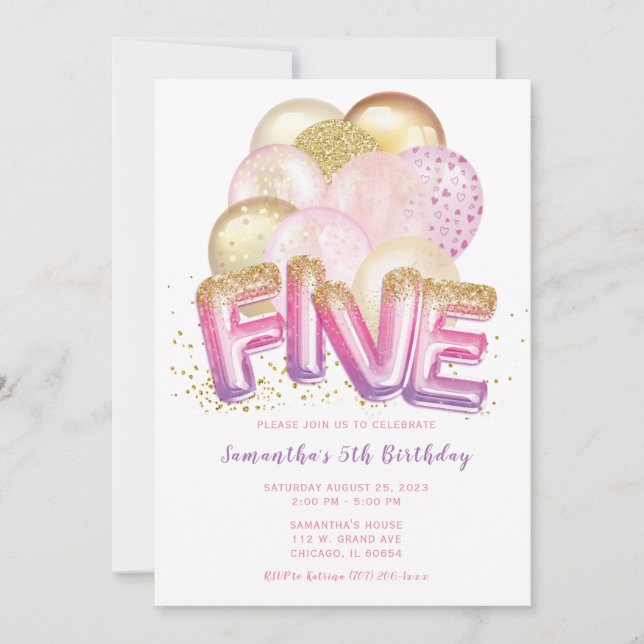 Convite de 5º Aniversário Balão Rosa Roxo Dourado (Frente)