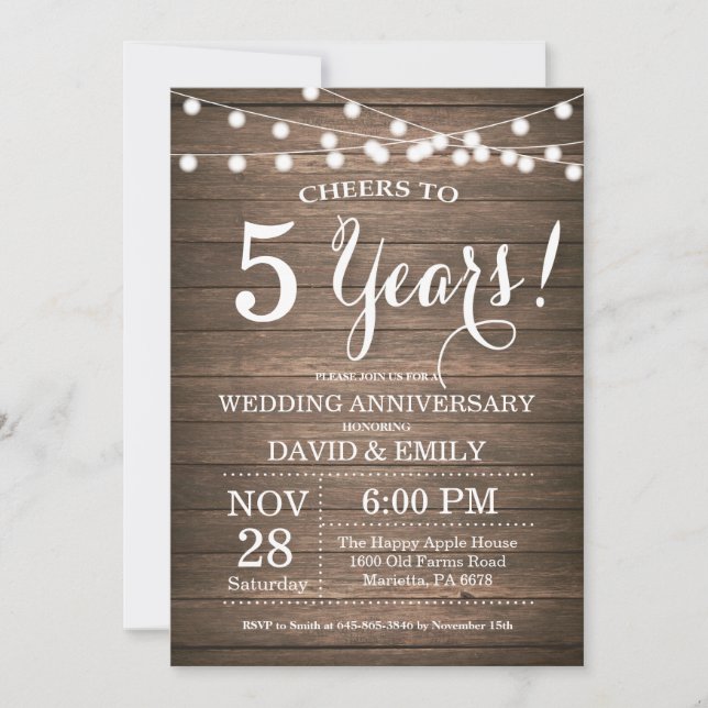Convite de 5º Aniversário de Casamento Madeira Rús (Frente)
