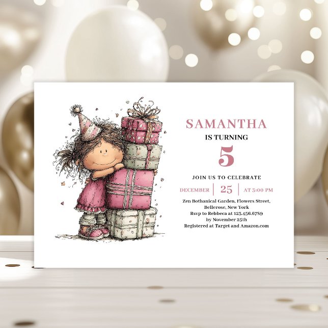 Convite de 5º Aniversário de Lindo Bebê Tema Rosa (Cute Toddler 5th Birthday Invitation Pink Theme)