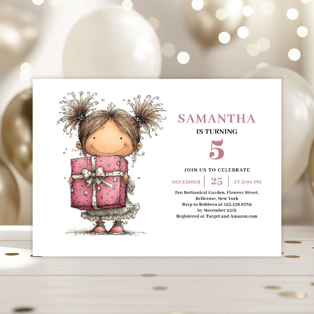 Convite de 5º Aniversário de Menina Fofa Rosa Kit (Cute Toddler 5th Birthday Invitation Pink Kit)