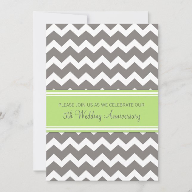 Convite de 5º Aniversário Grey Lime Chevron (Frente)