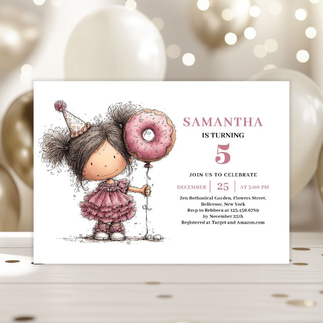 Convite de 5º Aniversário Infantil Divertido e Ext (Funny Whimsical Kids 5th Birthday Invite Pink)