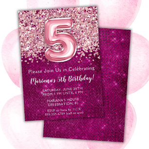 Convite de 5º Aniversário Menina Magenta Brilho Ro