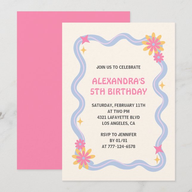 convite de 5º aniversário Retro Groovy Flores Rosa (Frente/Verso)