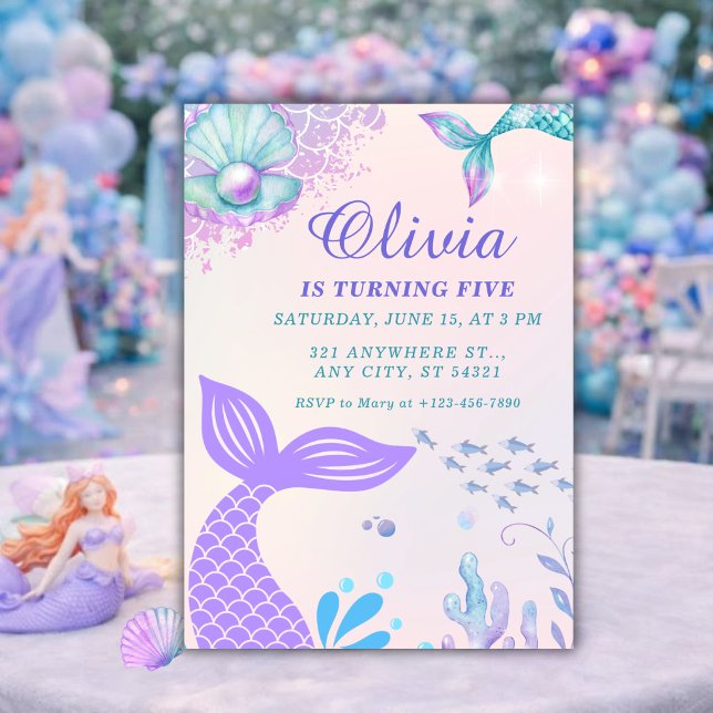 Convite de 5º Aniversário Sereia Roxa Sob o Mar (Criador carregado)