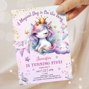 Convite de 5º Aniversário Unicórnio Menina Rosa &
