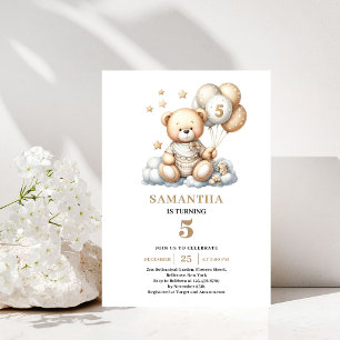 Convite de 5º Aniversário Urso de Pelúcia Balões D