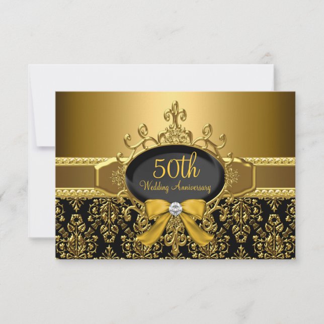 Convite de 50º Aniversário Black & Gold Damask RSV (Frente)