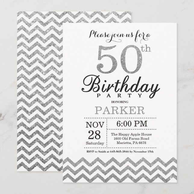 Convite de 50º Aniversário Brilho Prata (Frente/Verso)