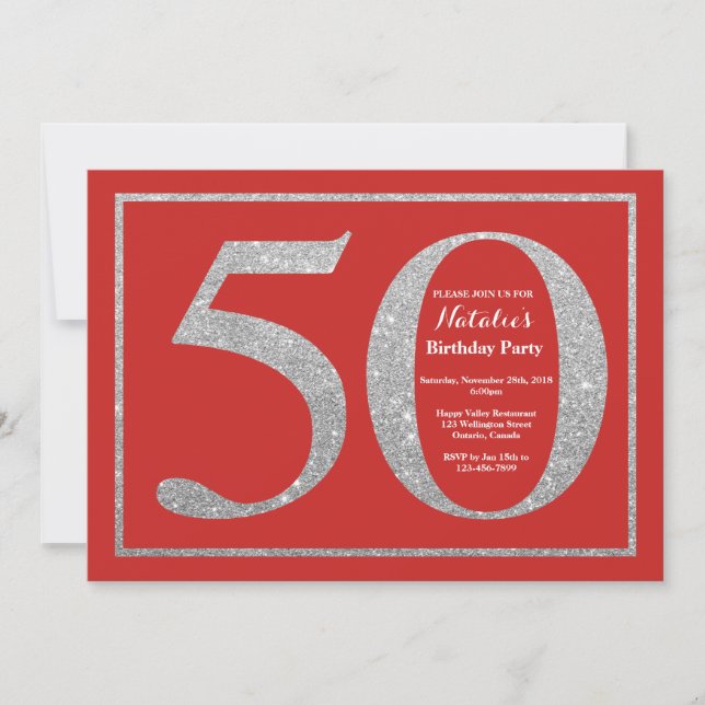 Convite de 50º Aniversário Brilho Vermelho e Prata (Frente)