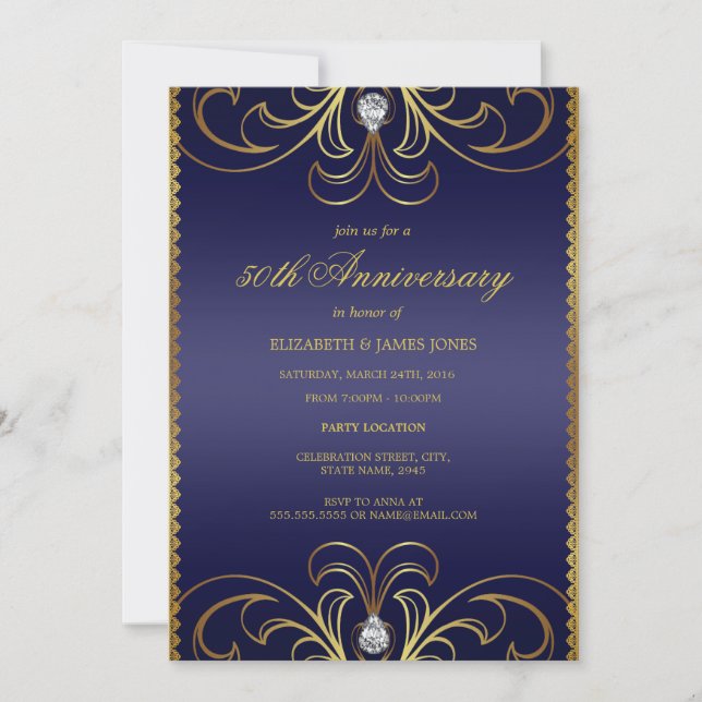 Convite de 50º Aniversário de Casamento Azul Real  (Frente)