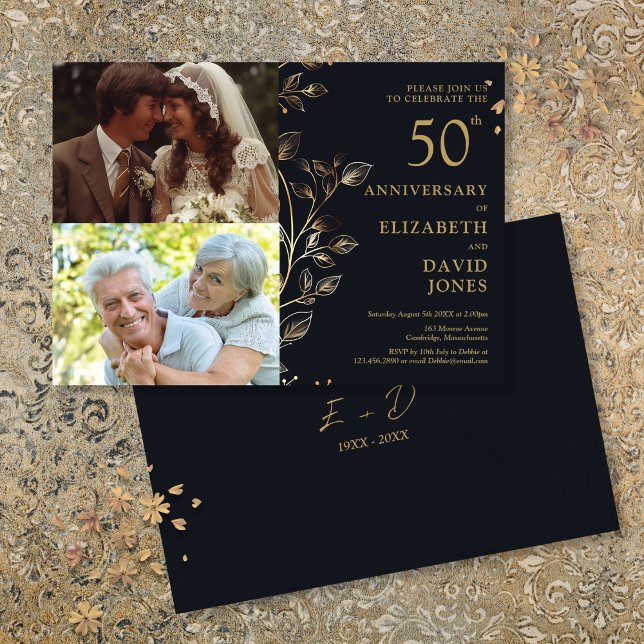 Convite de 50º Aniversário de Casamento Dourado co (Golden 50th Wedding Anniversary 2 Photo Invitation)