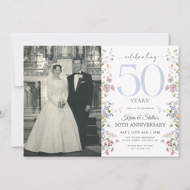 Convite de 50º Aniversário de Wildflowers com Foto (Frente)