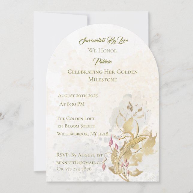 Convite de 50º Aniversário do Floral Dourado e Blu (Frente)