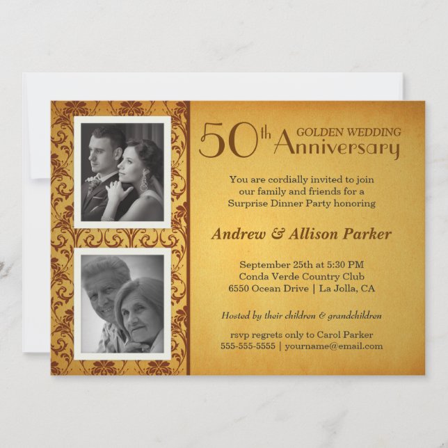 Convite de 50º Aniversário Dourado com 2 Fotos em  (Frente)