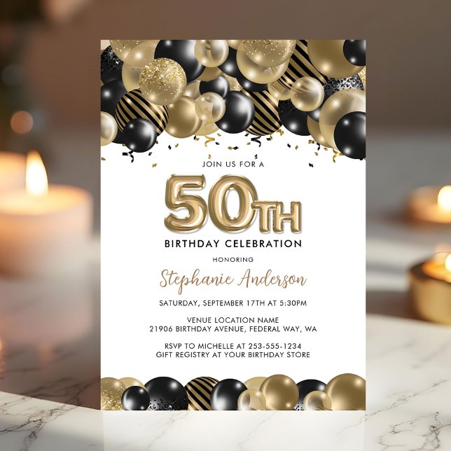Convite de 50º Aniversário Elegante Dourado Preto  (Elegant Gold Black Glitter 50th Birthday Invite)