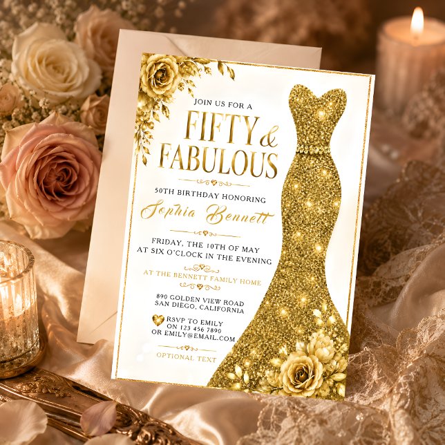 Convite de 50º Aniversário Elegante em Dourado (Criador carregado)