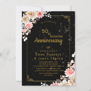 Convite de 50º Aniversário Floral Preto Elegante