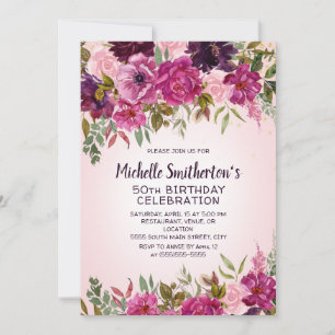Convite de 50º Aniversário Floral Roxo Rosa