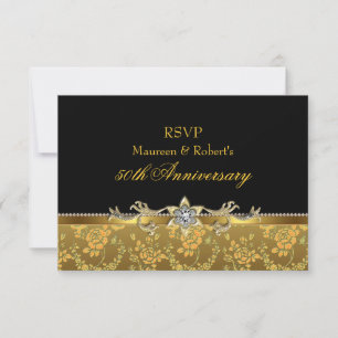 Convite de 50º Aniversário Gold & Black Rose RSVP