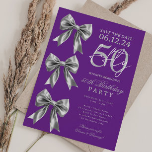 Convite de 50º Aniversário Laço Coquete Prata Roxo
