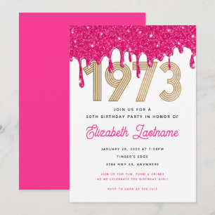 Convite de 50º Aniversário Pink Glitter Drip 1973