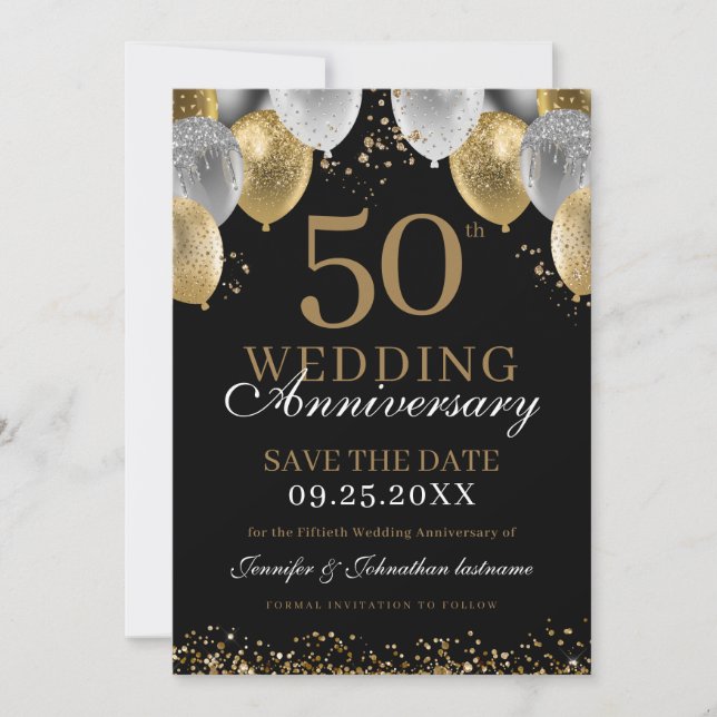 Convite de 50º Aniversário Preto e Dourado (Frente)