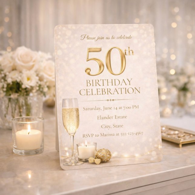 Convite de 50º Brilho em Dourado Champagne (Champagne gold glow sets the tone for a refined 50th birthday evening celebration)