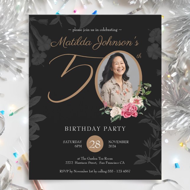 Convite de 50 de aniversário para o Elegante de Or (Budget Elegant Black 50th Birthday Invitation)
