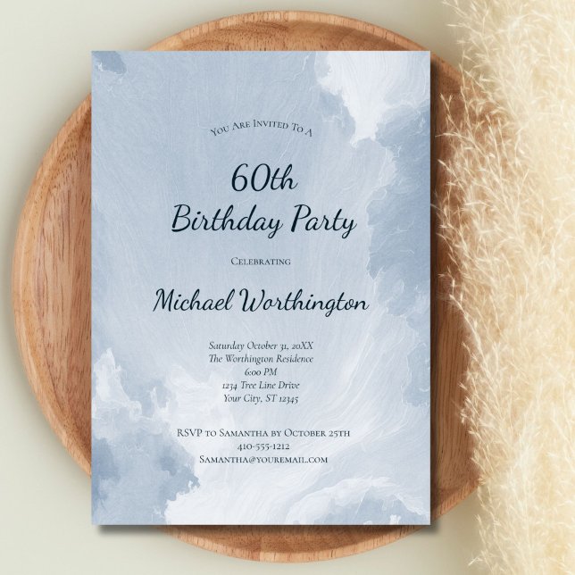 Convite de 50 ou 60 anos de idade para homens com  (Blue Watercolor Texture 50th 60th 70th 80th Birthday invitation for him.  Printed or Digital )