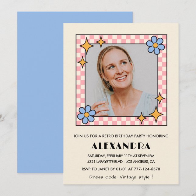 Convite de 52º aniversário com foto floral retrô a (Frente/Verso)