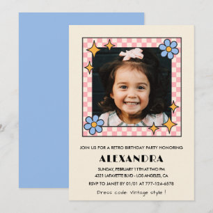 convite de 6º aniversário Floral Azul Groovy Retro