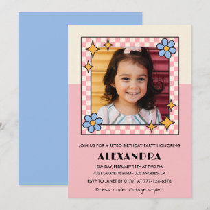 convite de 6º aniversário Flores Cor-de-Rosa Retro