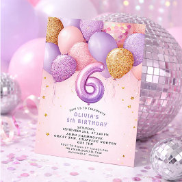 Convite de 6º Aniversário Menina Dourado Rosa