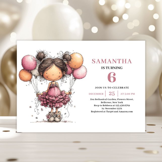 Convite de 6º Aniversário Menina Toddler Capricho  (Whimsy Toddler Girl 6th Birthday Invite Pink)