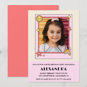 convite de 6º aniversário Retro Groovy Floral Rosa