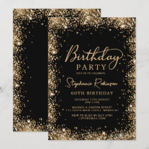 Convite de 60º Aniversário Black Gold Glitter Eleg