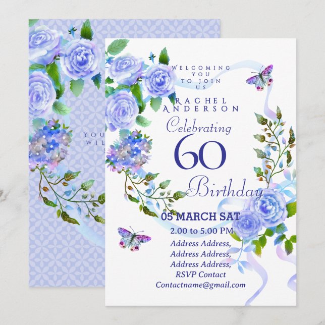 Convite de 60º aniversário Blue Rose Ribbon (Frente/Verso)