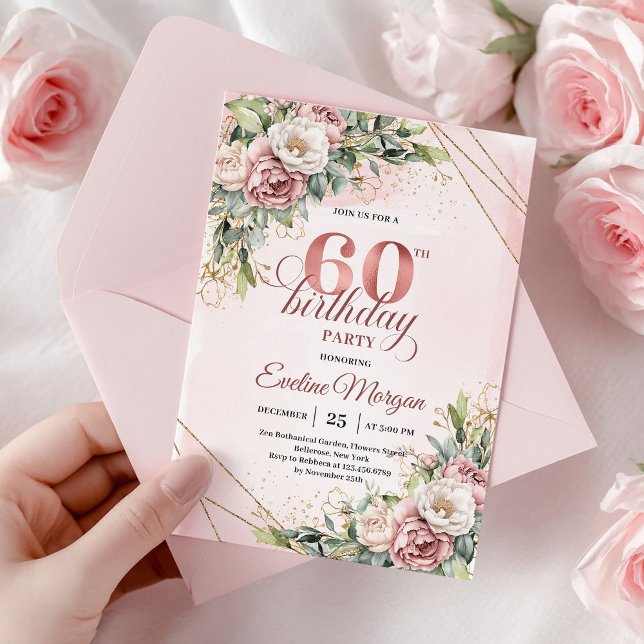 Convite de 60º Aniversário Boho Floral em Rose Gol (Elegant Rose Gold Boho Floral 60th Birthday Invitation)