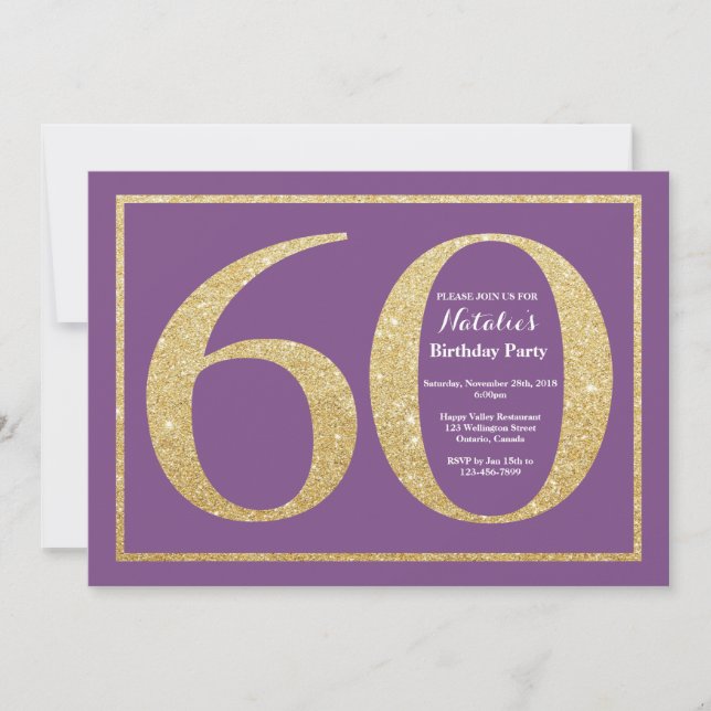 Convite de 60º Aniversário Brilho Roxo e Dourado (Frente)