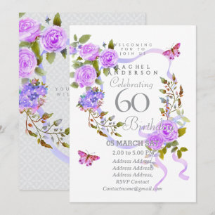 Convite de 60º aniversário com fita rosa roxa