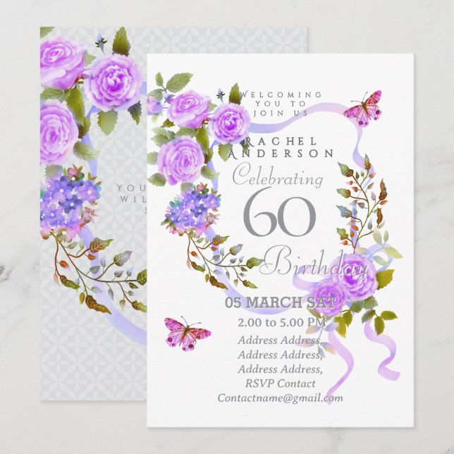 Convite de 60º aniversário com fita rosa roxa (Frente/Verso)