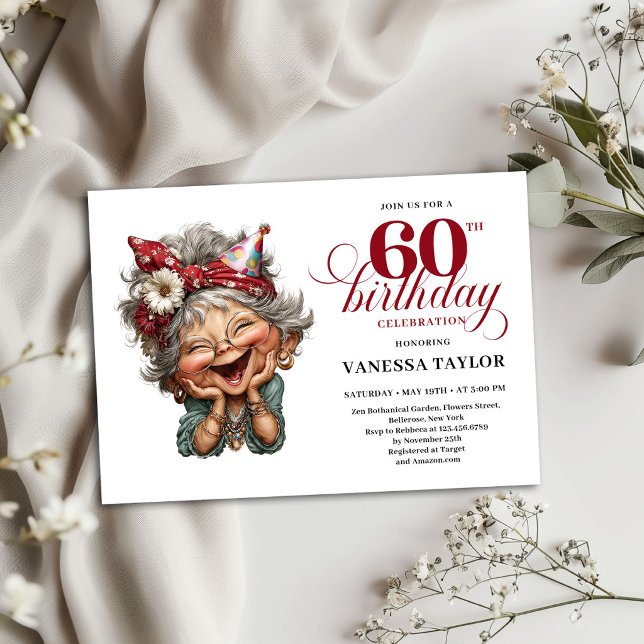 Convite de 60º Aniversário Design Divertido de Mul (60th Birthday Invitation Funny Old Woman Design)