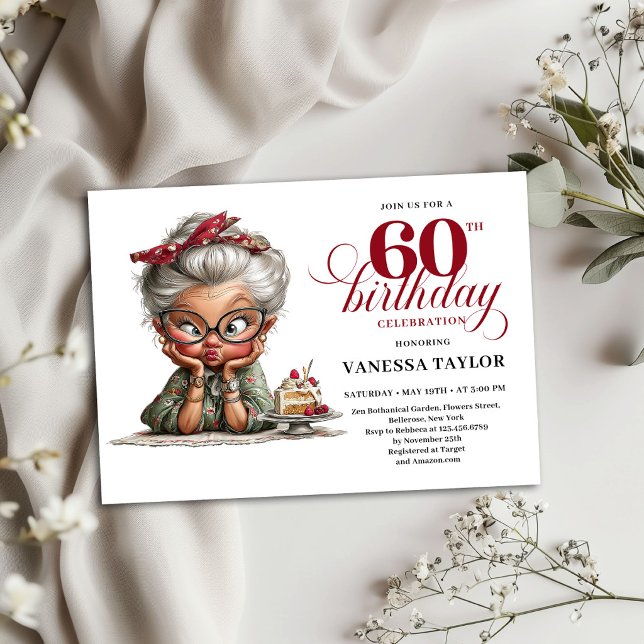 Convite de 60º Aniversário Design Divertido e Excê (60th Birthday Invitation Funny Quirky Lady Design)