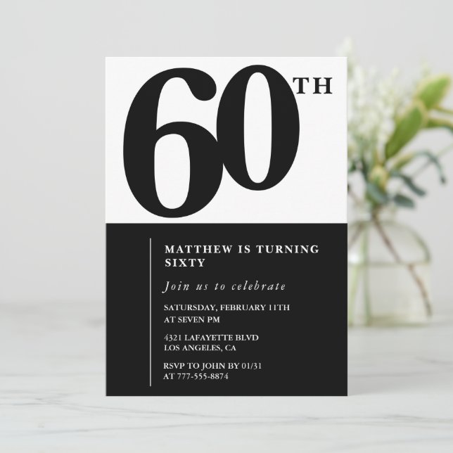 Convite de 60º aniversário elegante Black Chic Mod (Em pé/Frente)