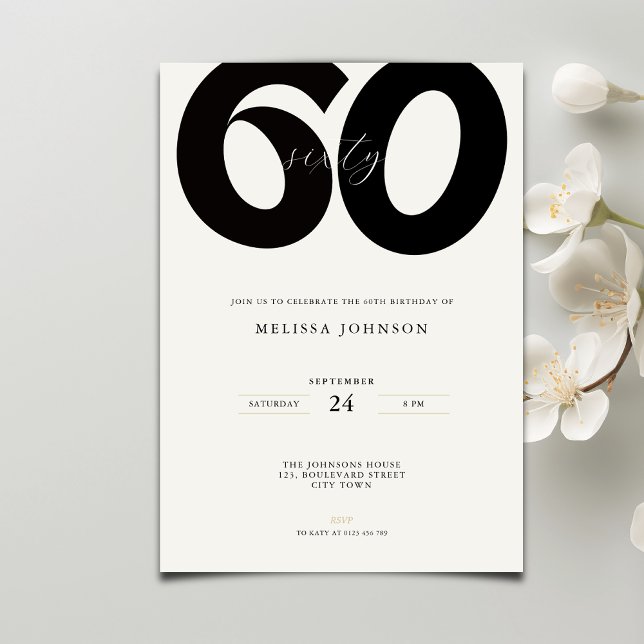 Convite de 60º Aniversário Elegante - Estilo Minim (Criador carregado)