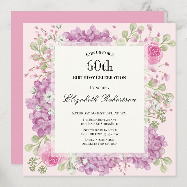 Convite de 60º Aniversário Elegantes Flores Rosa (Criador carregado)