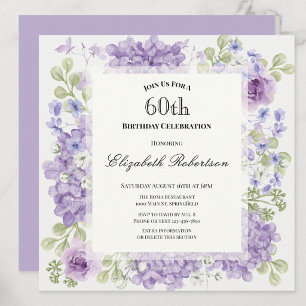 Convite de 60º Aniversário Elegantes Flores Roxas