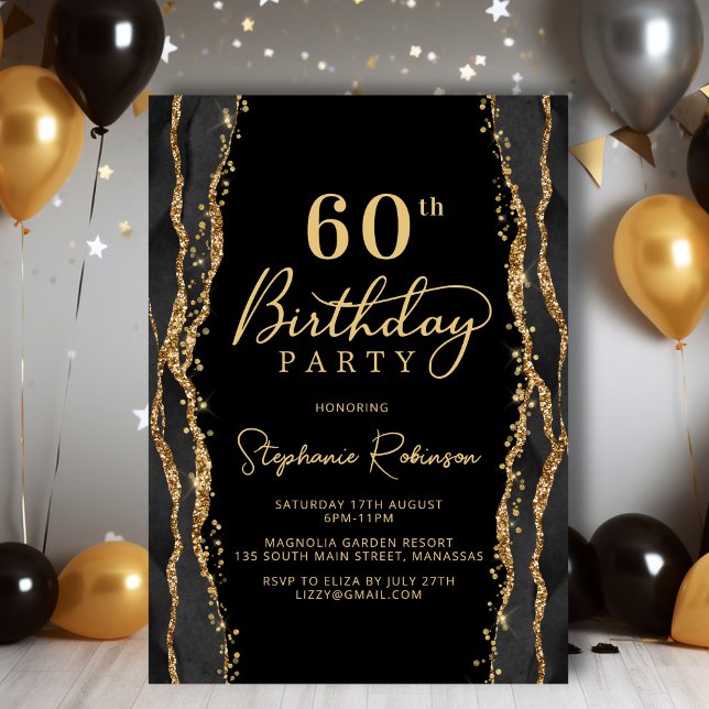 Convite de 60º Aniversário em Ágata Preta e Dourad (Criador carregado)